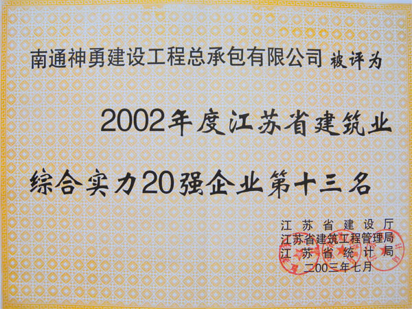 2003年度江蘇省建筑業(yè)綜合實(shí)力20強(qiáng)企業(yè)第十三名