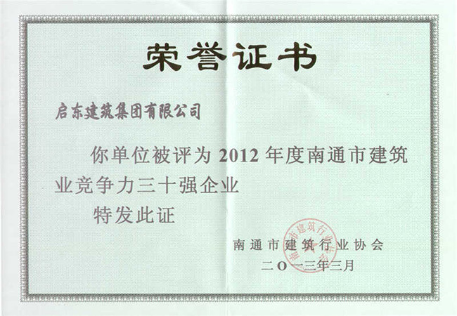 2012年度南通市建筑業(yè)競(jìng)爭(zhēng)力三十強(qiáng)企業(yè)