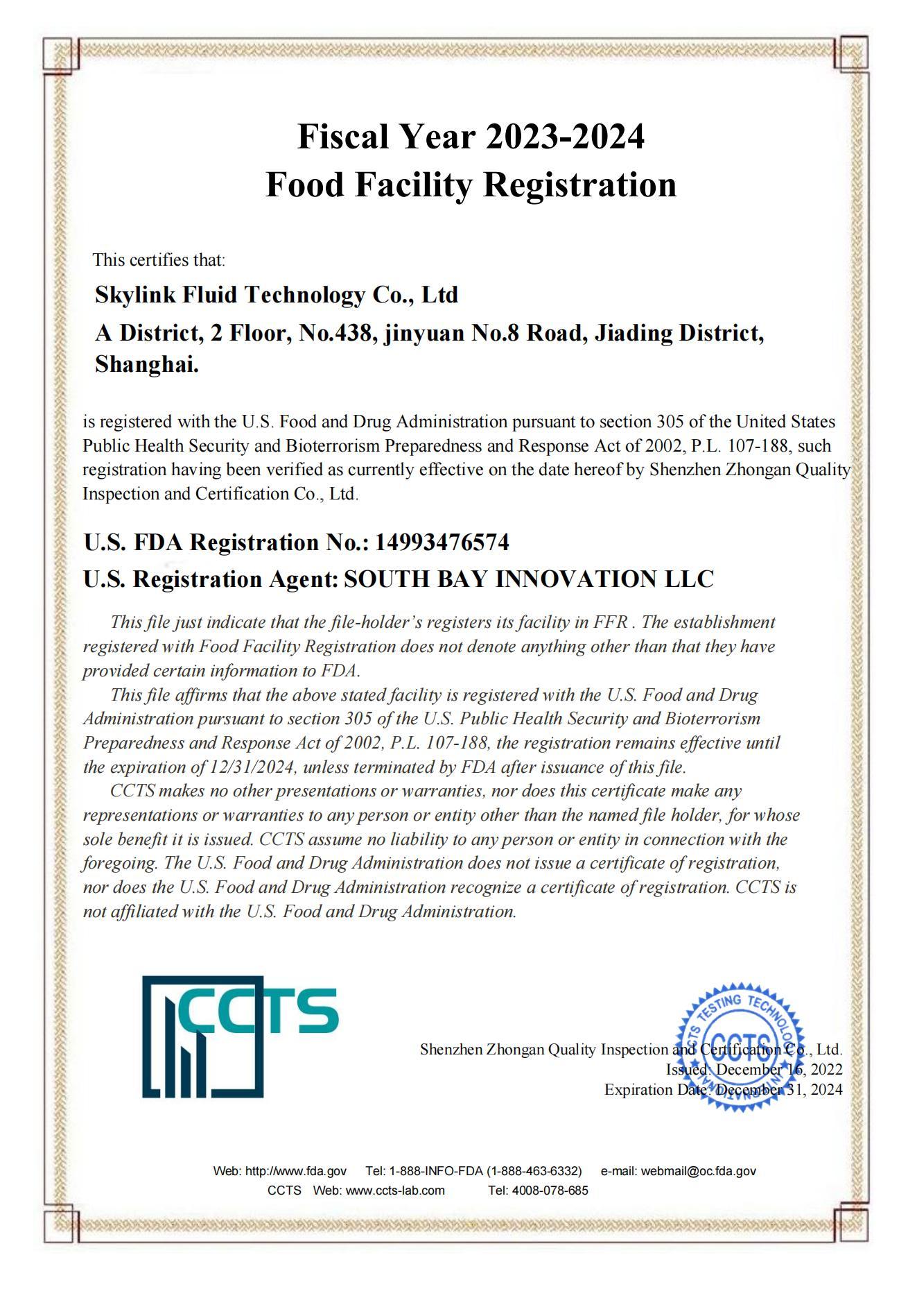 FDA certificate