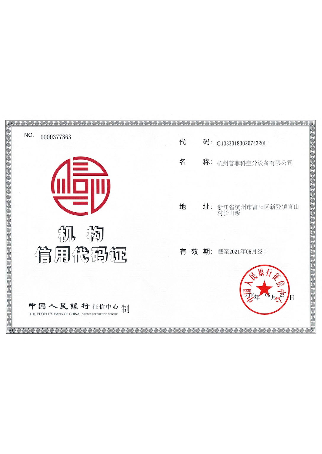 Institutional Credit Code Certificate