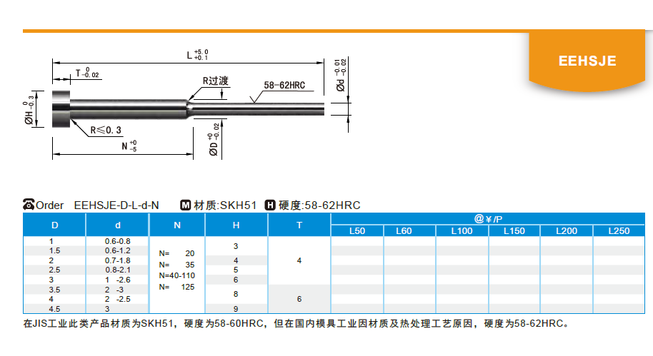 开模师】模具配件模具顶针EEHSJE SKH51顶针