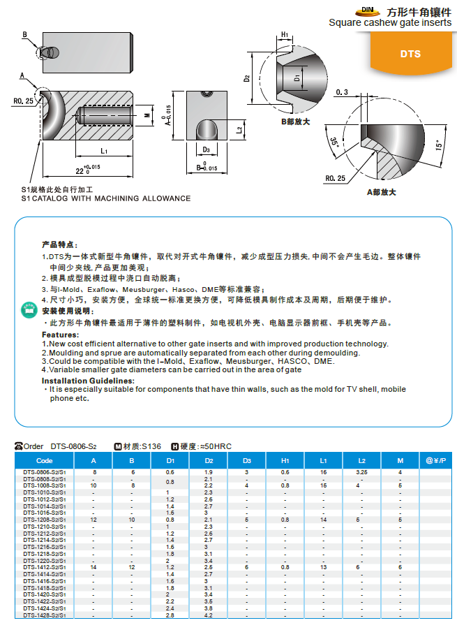 【开模师】模具配件方形牛角镶件DTS