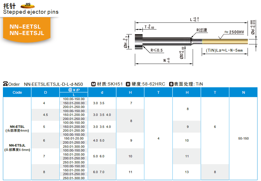 【开模师】模具配件模具顶针NN-EETSJL 涂层顶针SKH51