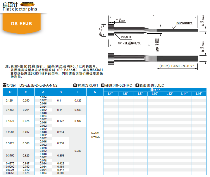 【开模师】模具配件模具顶针DH-EERPH SKD61涂层顶针