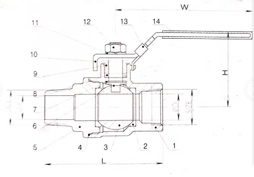 Drawing of 2 piece stainless steel ball valves and fittings with F/M thread