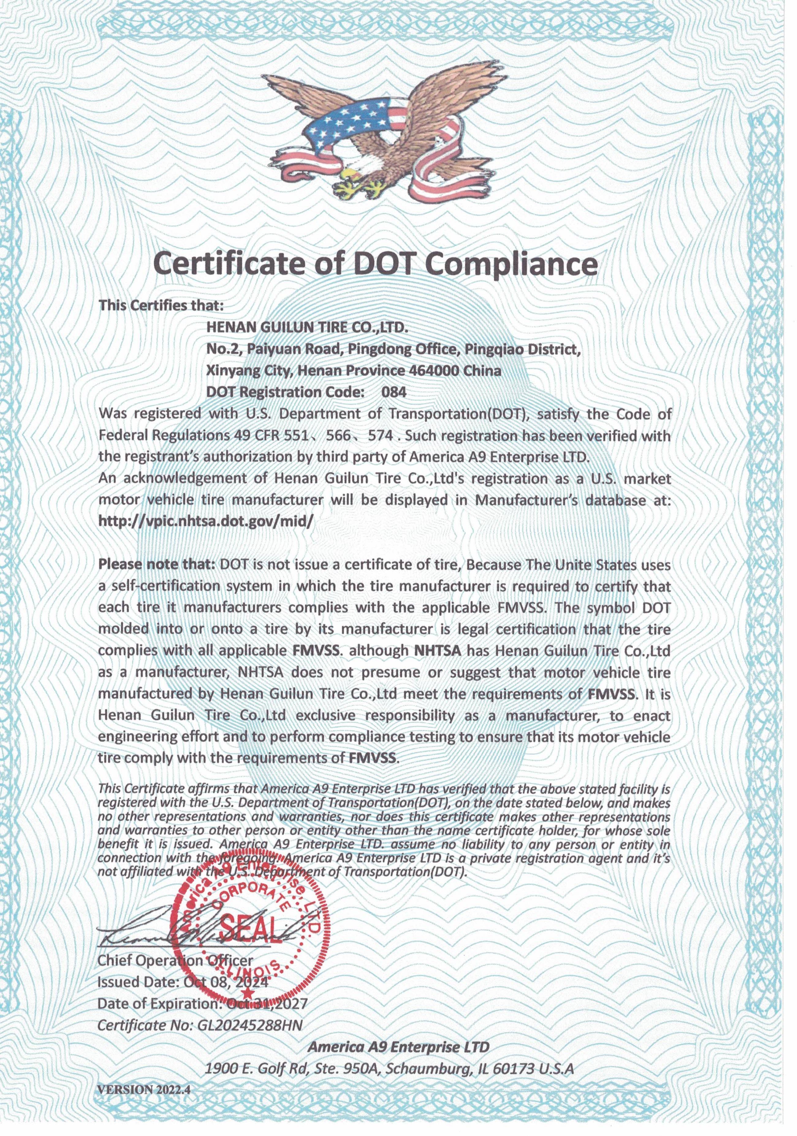 DOT Certificate