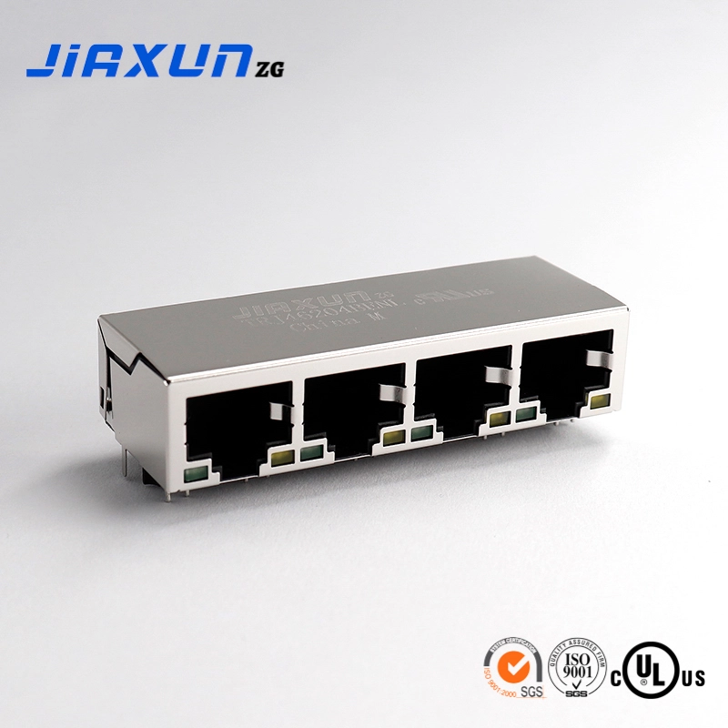1×4 RJ45网络连接器 带灯带弹片 内置网络变压器 开口朝下