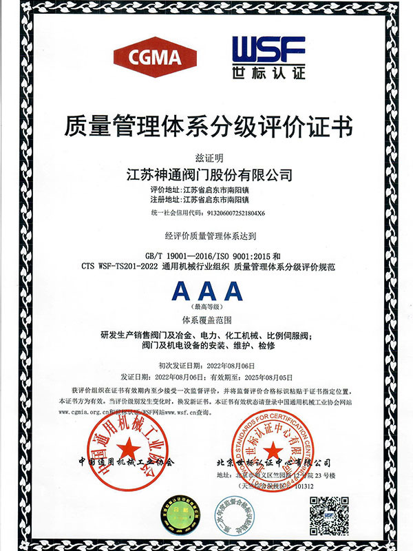 Grading Evaluation Certificate of the Quality Management System