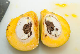 wo halves of a mango cut open to reveal a large infestation of larvae inside. 