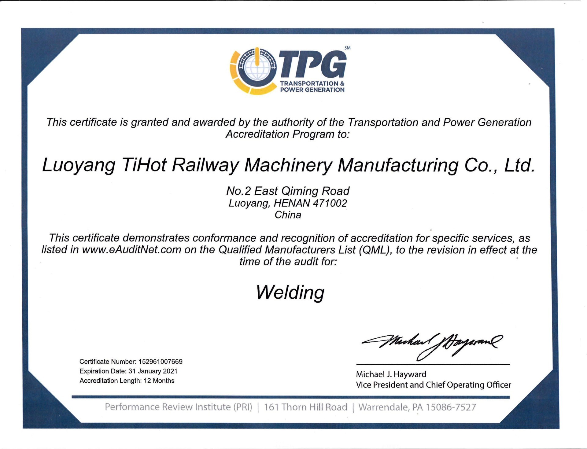 TPG welding certificate TPG welding certificate