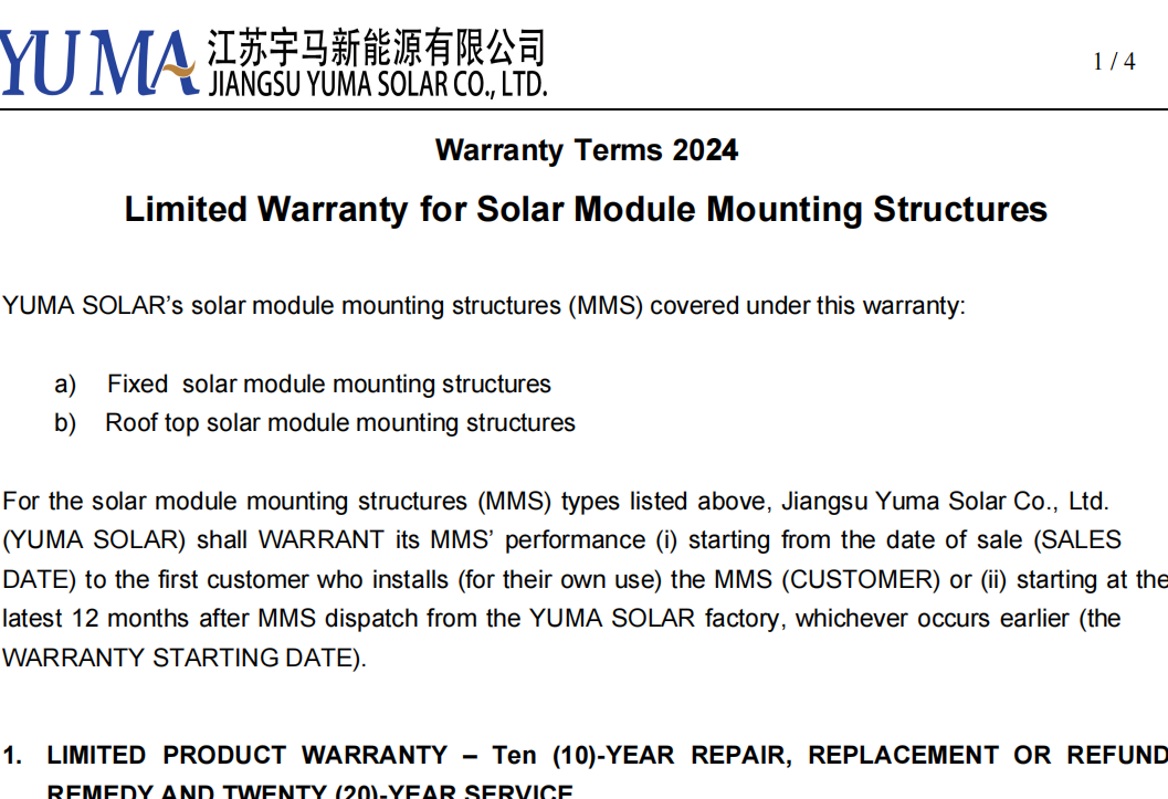 Limited Warranty for Solar Module Mounting Structures