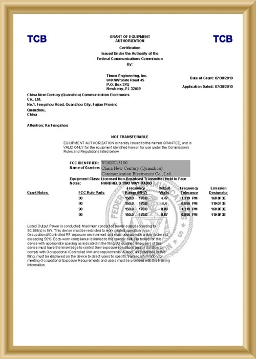 Certificado NC-3100 de la FCC