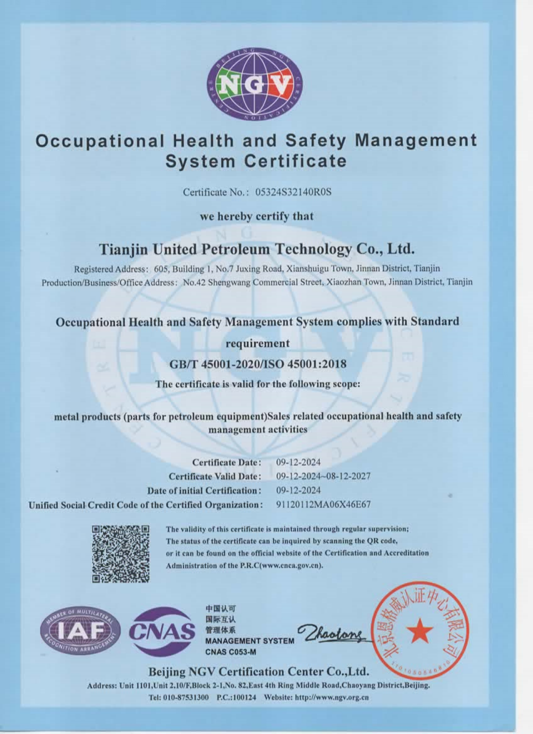 Occupational Health and Safety Management System Certificate