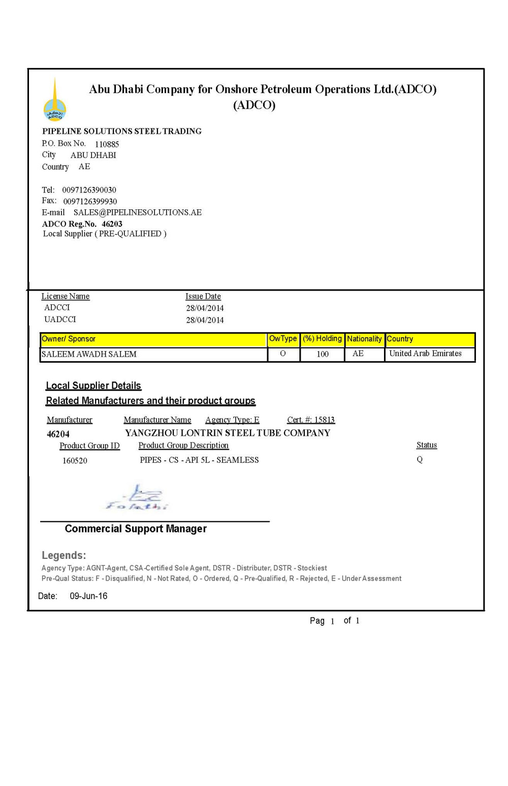 ADCO certificate Abu Dhabi Onshore Oil Company