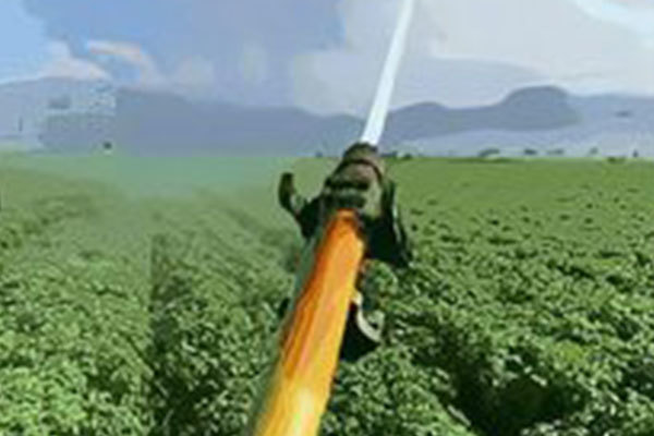 Antiaircraft water cannon watering the ground, unmanned aerial vehicle spraying pesticide