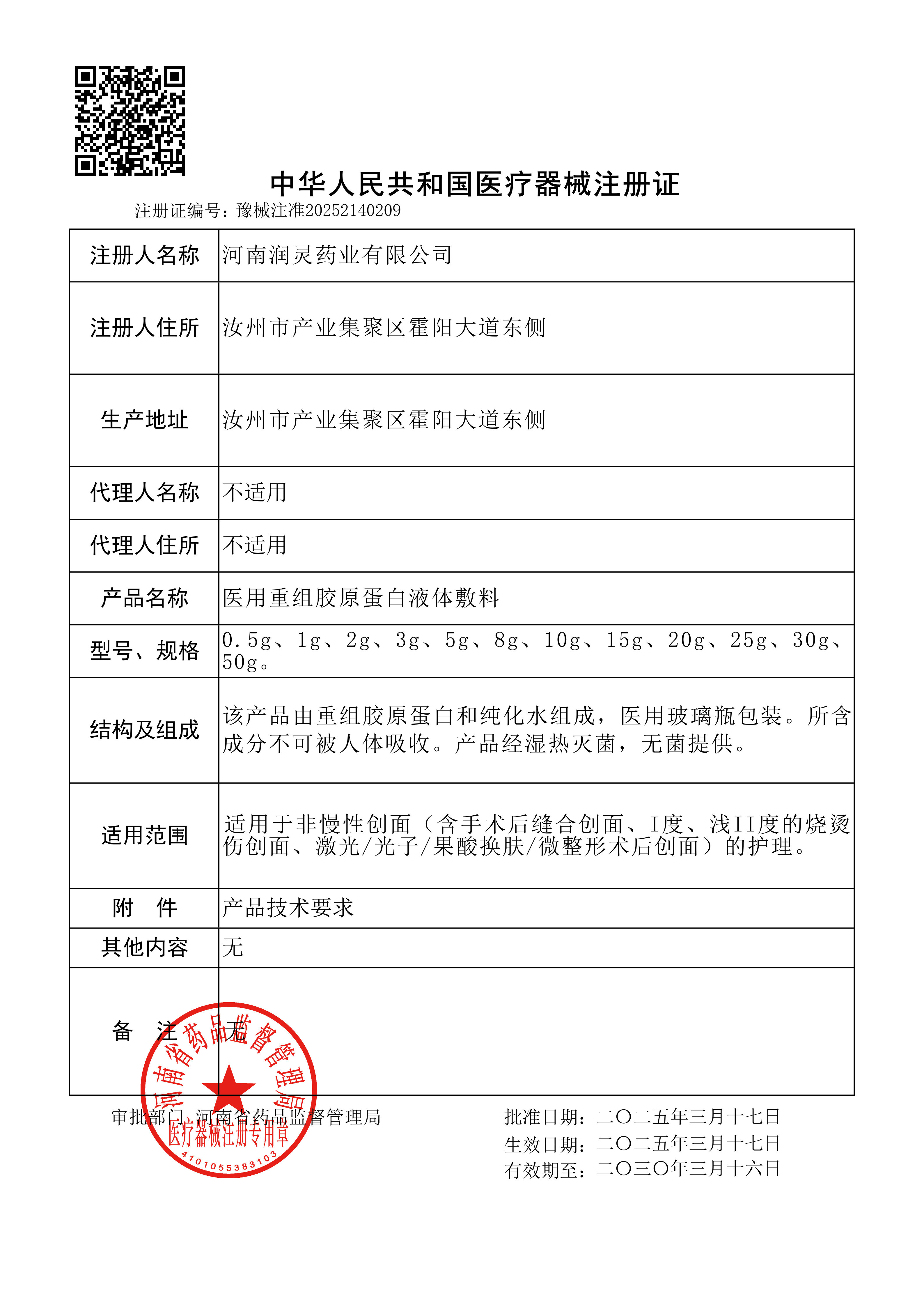 喜报-河南润灵药业有限公司再获“医疗器械注册证-医用重组胶原蛋白液体敷料”