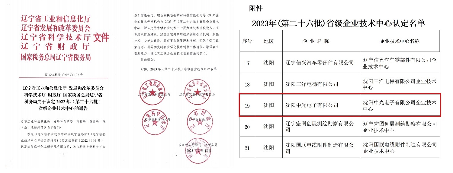 特別な特典を追加します瀋陽中光電子有限公司は「省クラス企業技術センター」と評価された