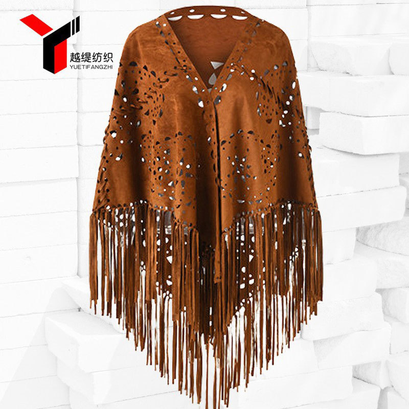 Autumn and winter niche shawl, personalized European and American suede cape, hollowed out tassel scarf, women's gift, high-end feeling