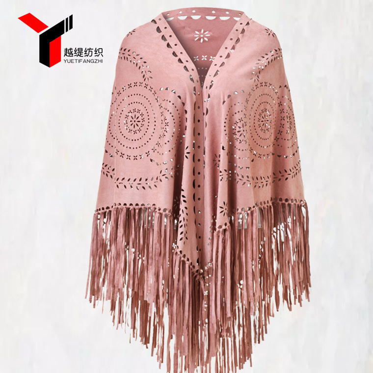 Suede velvet solid color wheat ear triangle scarf autumn warm shawl women's fashion outerwear hollowed out tassel scarf wholesale