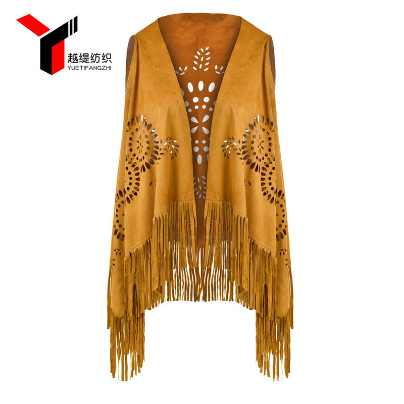 Summer new elastic suede tassel shawl, European and American hollowed out cape, women's high-end feeling, solid color warm triangular scarf