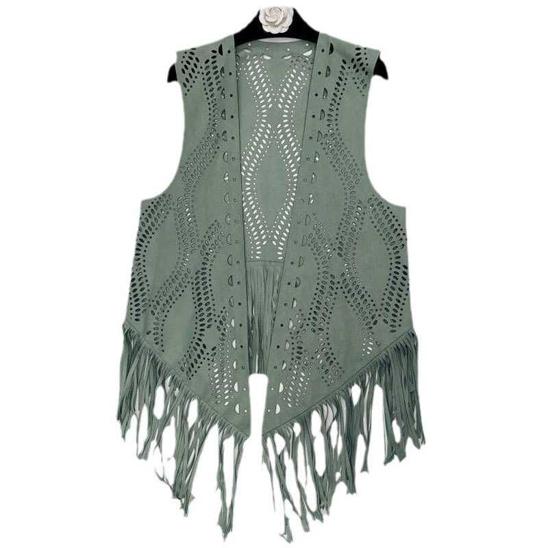 Light luxury retro suede shawl, foreign trade tassel hollowed out vest, high-end fashion, sun protection, customized supply