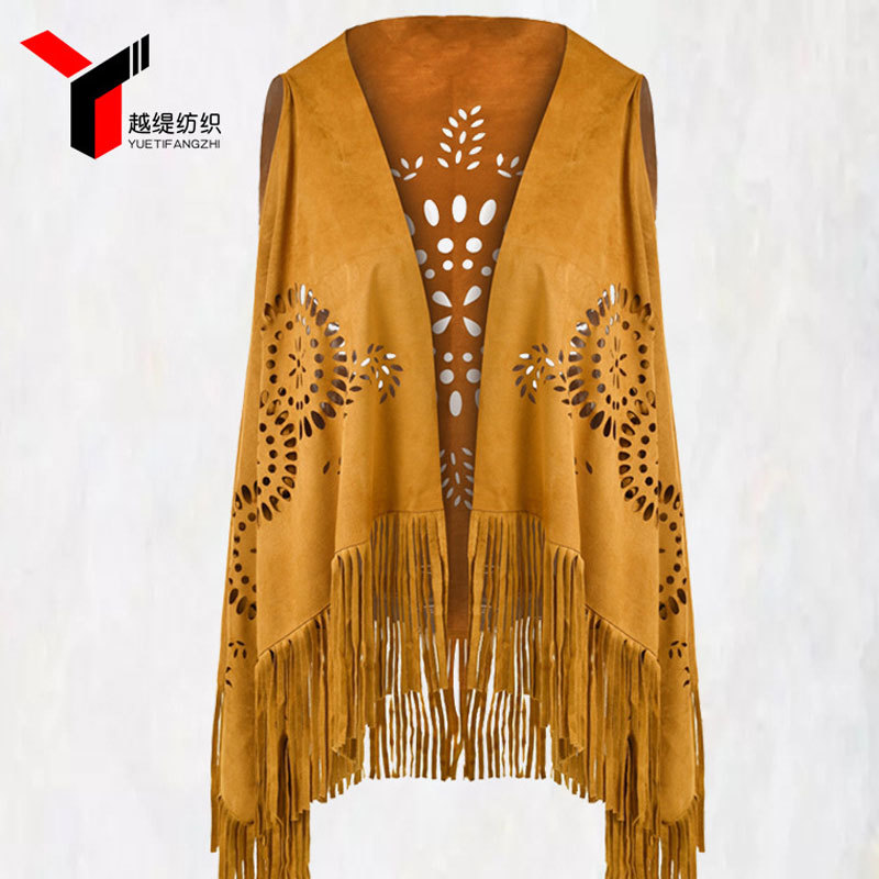 External tassel light luxury autumn high-end suede shawl, European and American casual fashion vest, versatile hollowed out cape