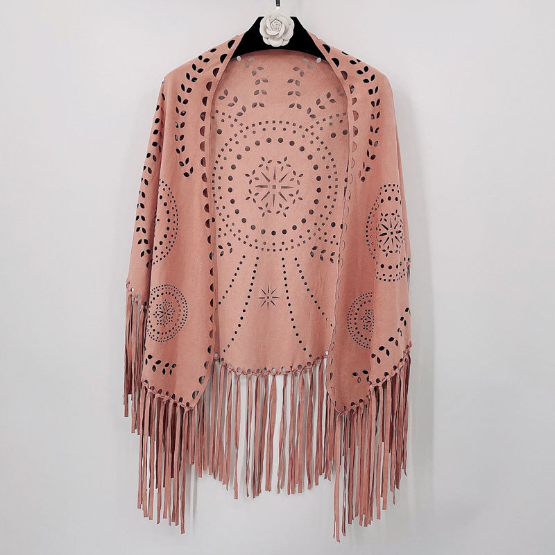 Foreign trade European and American personalized shawl autumn warm suede cape with hollowed out tassel scarf for high-end dressing