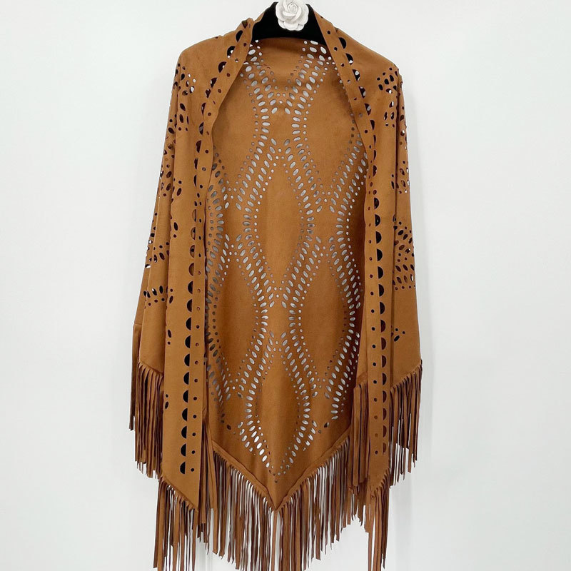 High end autumn and winter warm shawl, European and American suede tassels, versatile and fashionable women's scarves, hollowed out outer matching cape