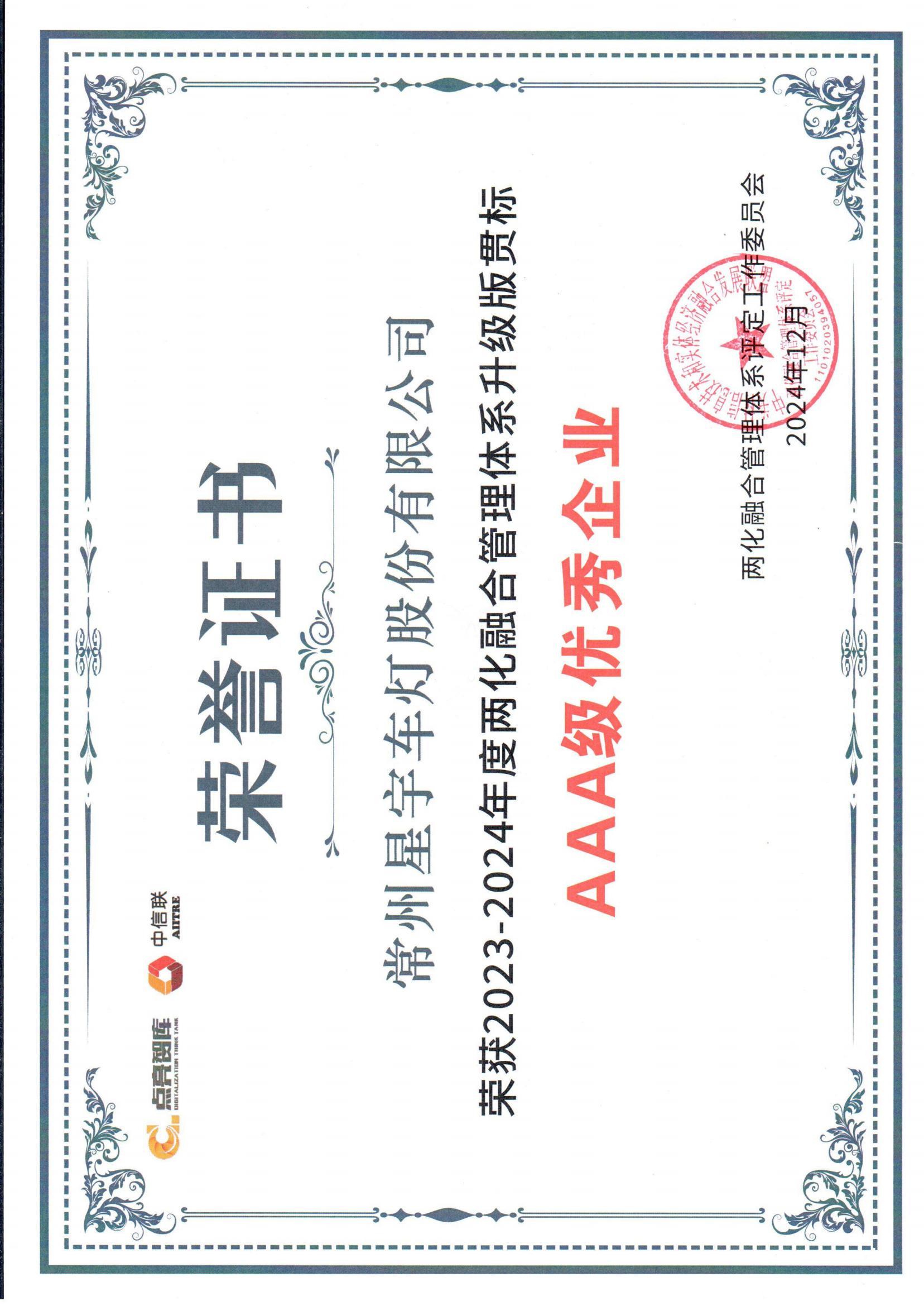 兩化融合管理體系升級(jí)版貫標(biāo)AAA級(jí)優(yōu)秀企業(yè)