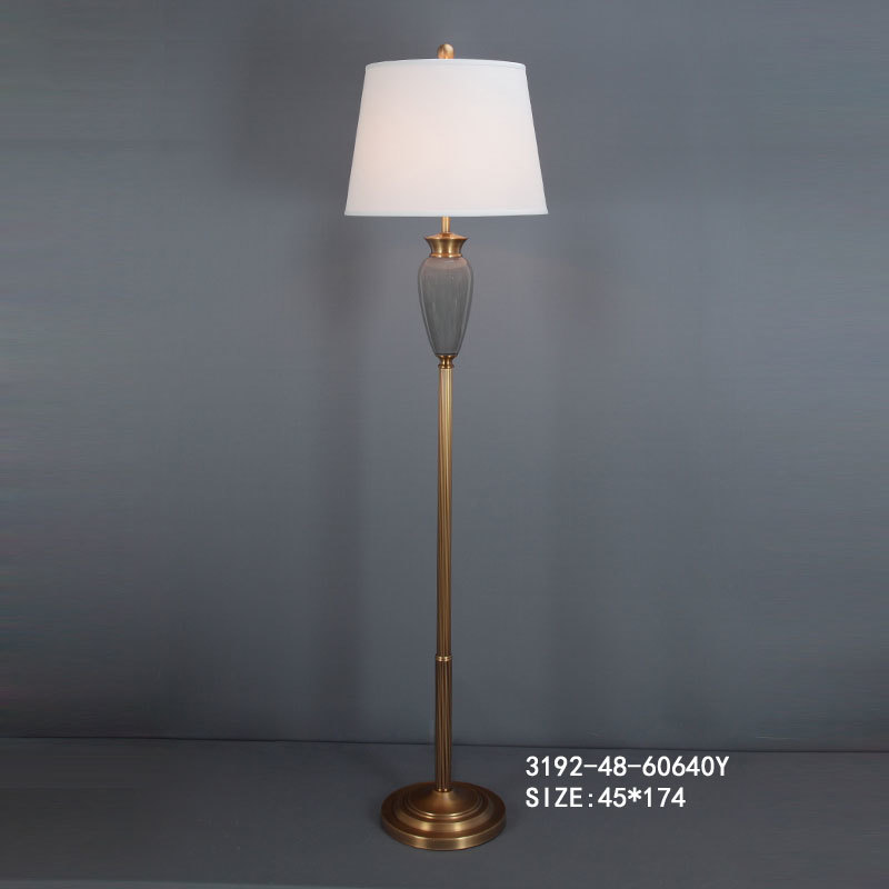Modern Gold Metal Finish Floor Lamp with Ceramic Accent with White Fabric Shade