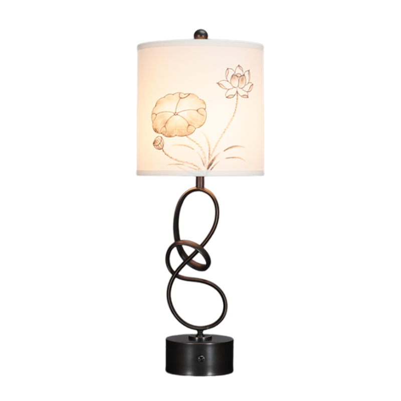 Wooden Portable Table Lamp with Metal Accents and Fabric Shade