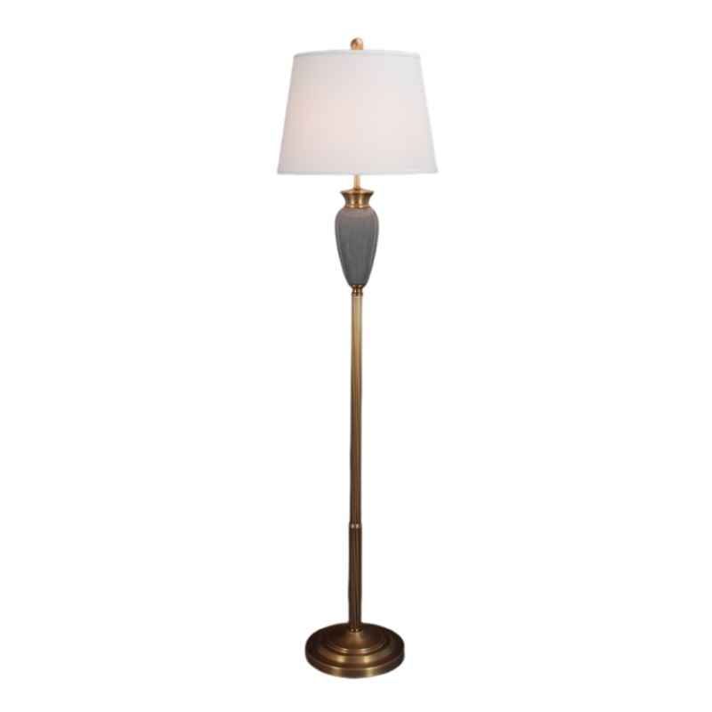 Modern Gold Metal Finish Floor Lamp with Ceramic Accent with White Fabric Shade