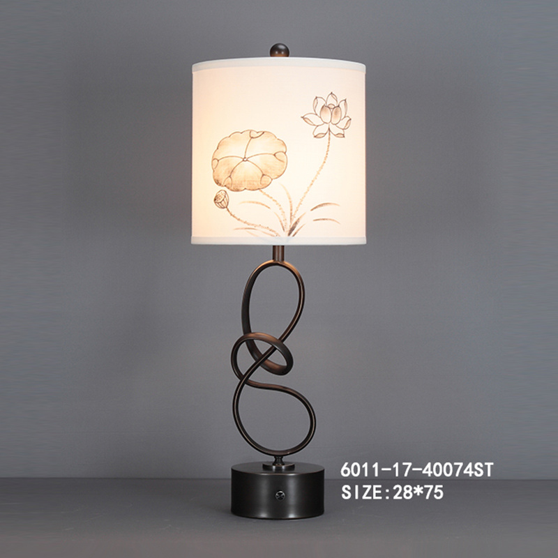 Wooden Portable Table Lamp with Metal Accents and Fabric Shade