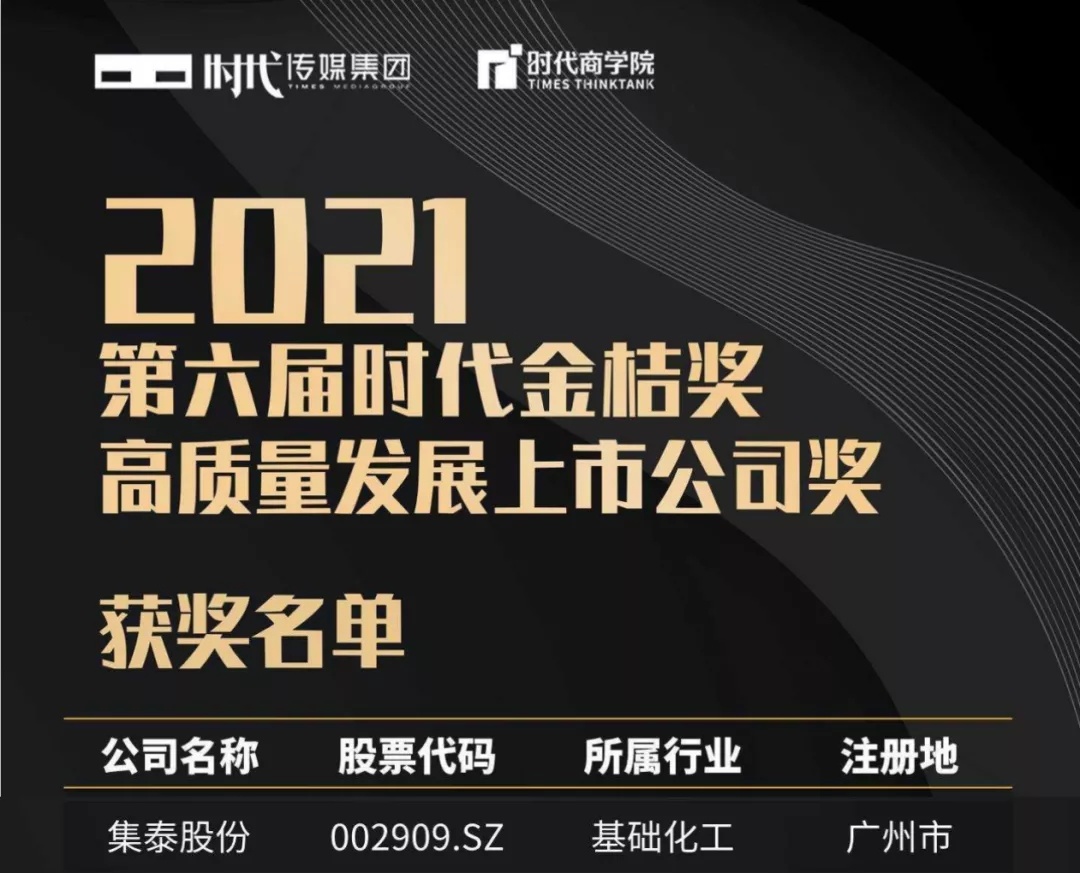 集泰股份榮獲2021金桔獎“高質量發(fā)展上市公司獎”