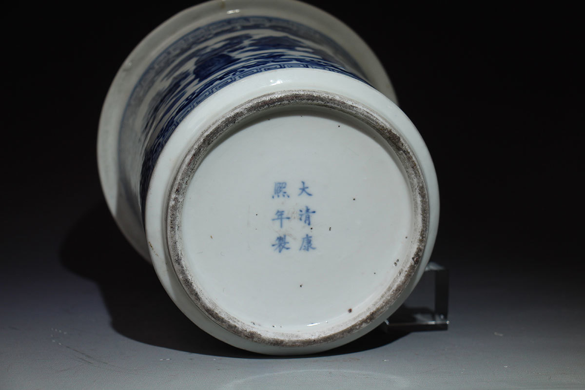 清代/青花山水人物笔筒/民间收藏/文房用品摆件/大清康熙年制