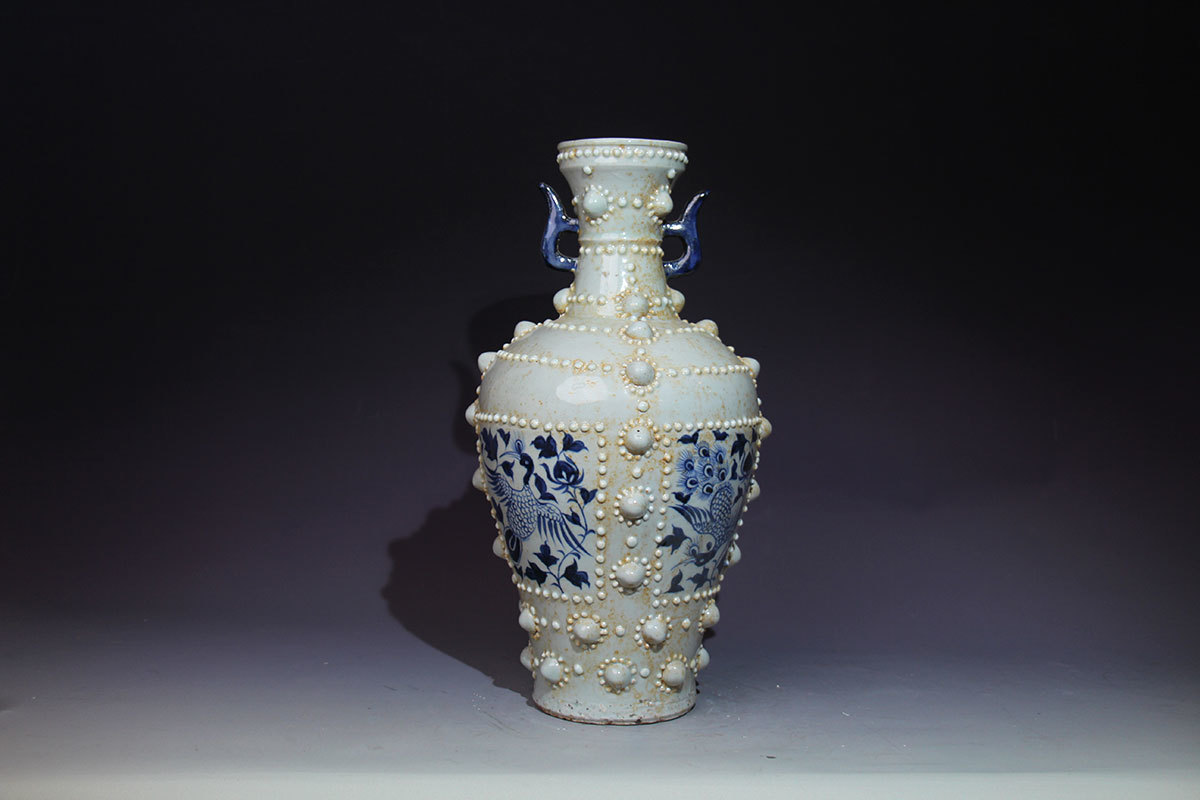 元代/青花留白花瓶/孔雀开屏/瑞兽报喜/花鸟瓶/收藏