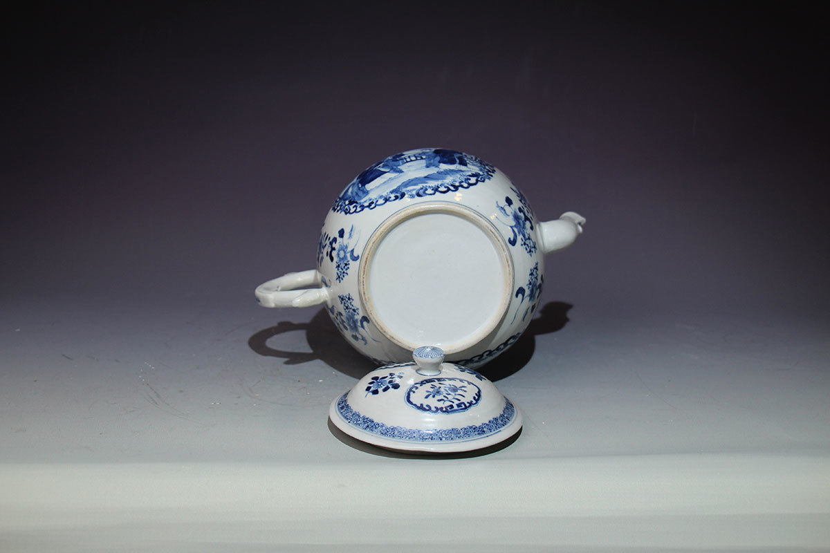 清代/青花开窗执壶/实用品/仕女图婴戏图/茶具/安定秀美灵活/