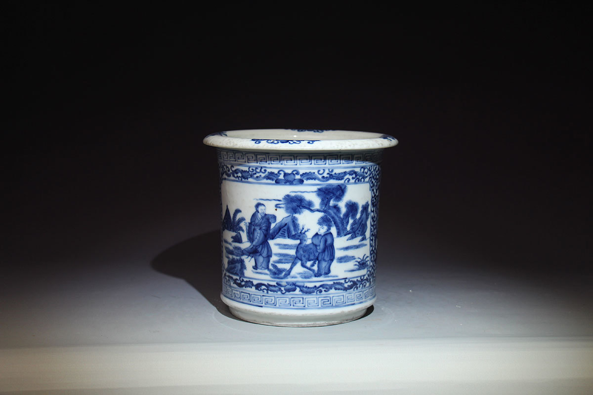 清代/青花山水人物笔筒/民间收藏/文房用品摆件/大清康熙年制