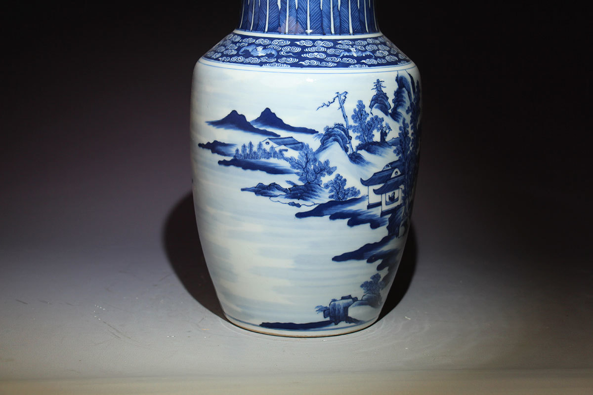 清代/青花山水人物瓶/大花瓶/山水意境写实/大口大底/瓶身饱满/