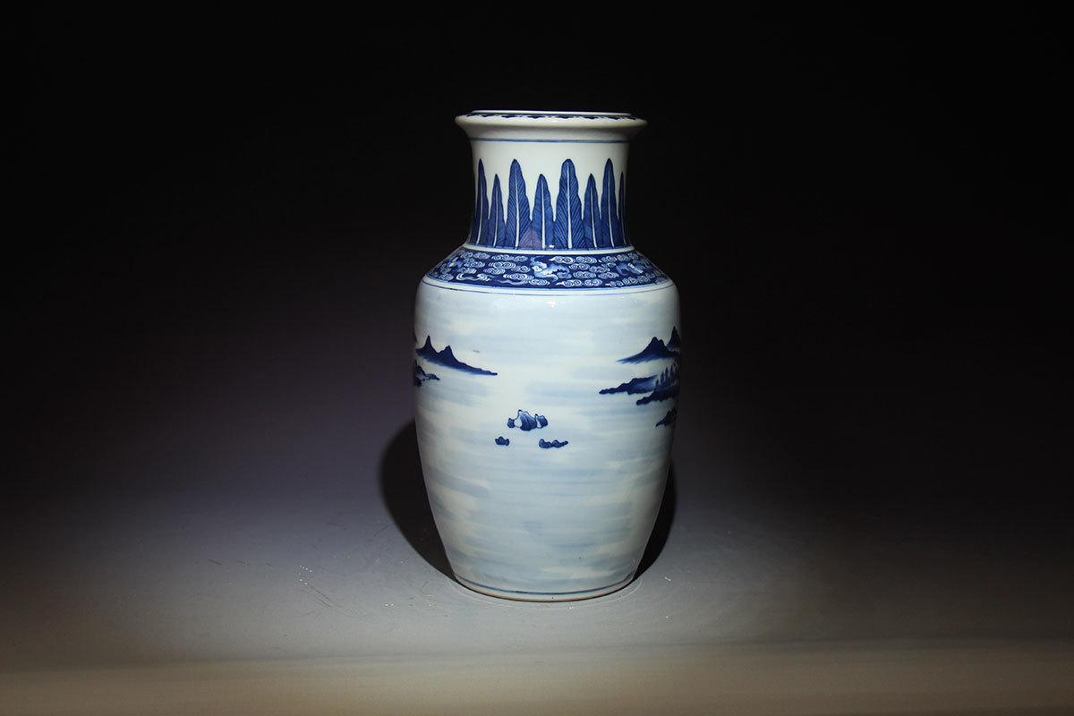 清代/青花山水人物瓶/大花瓶/山水意境写实/大口大底/瓶身饱满/