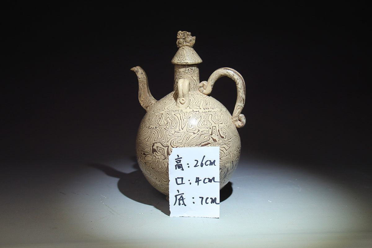 宋代/绞胎执壶|纹理变化多端|十分美丽|瑞兽盖钮|流动变幻|真品