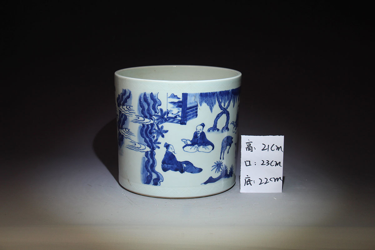 清代/青花山水人物笔筒/民间收藏/文房用品摆件/崇祯年制
