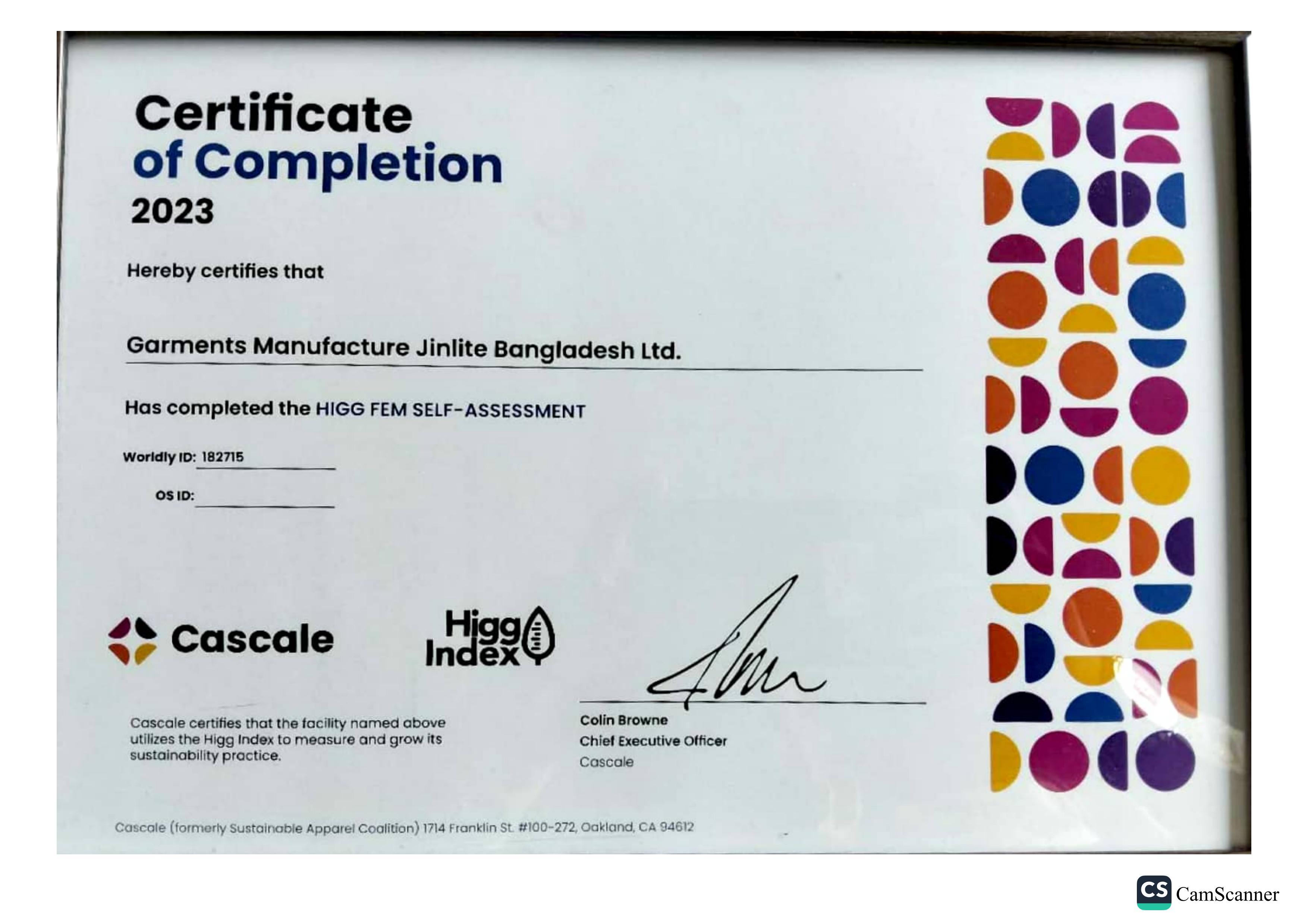 Certificate of Higg FEM Certificate of Higg FEM