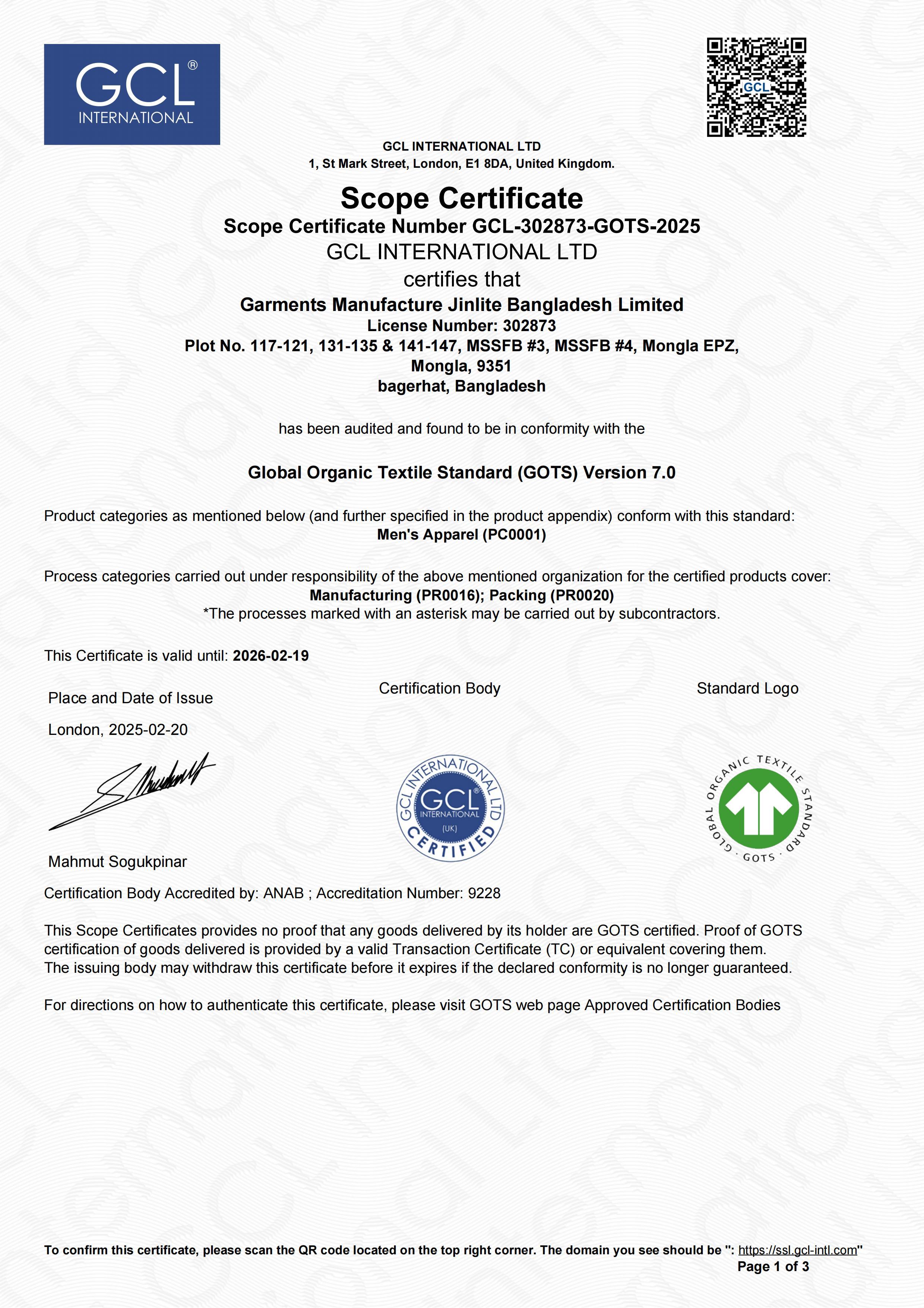 GARMENTS MANUFACTURE -- GOTS GARMENTS MANUFACTURE -- GOTS
