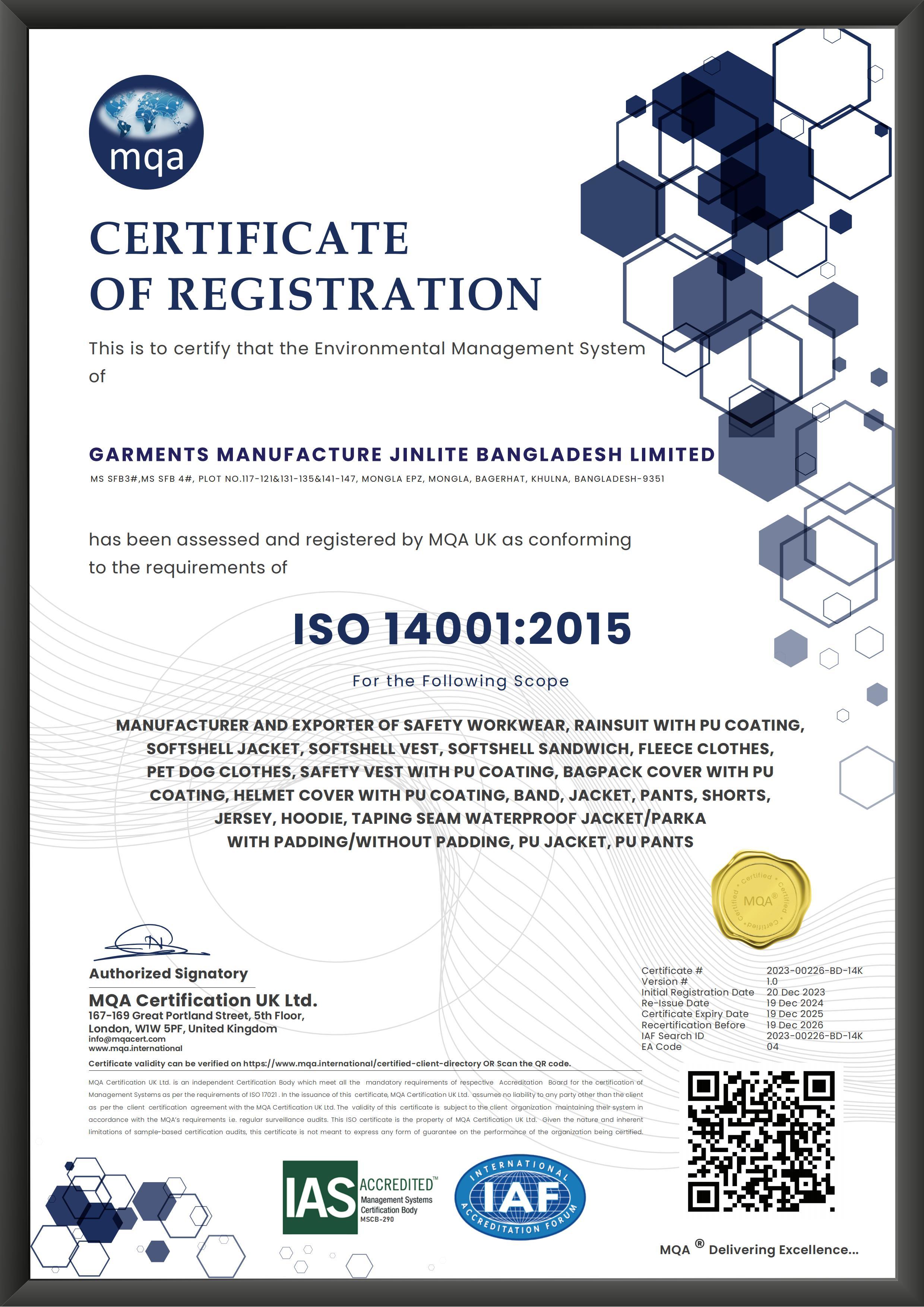 GARMENTS MANUFACTURE ISO_14001-2015 GARMENTS MANUFACTURE ISO_14001-2015