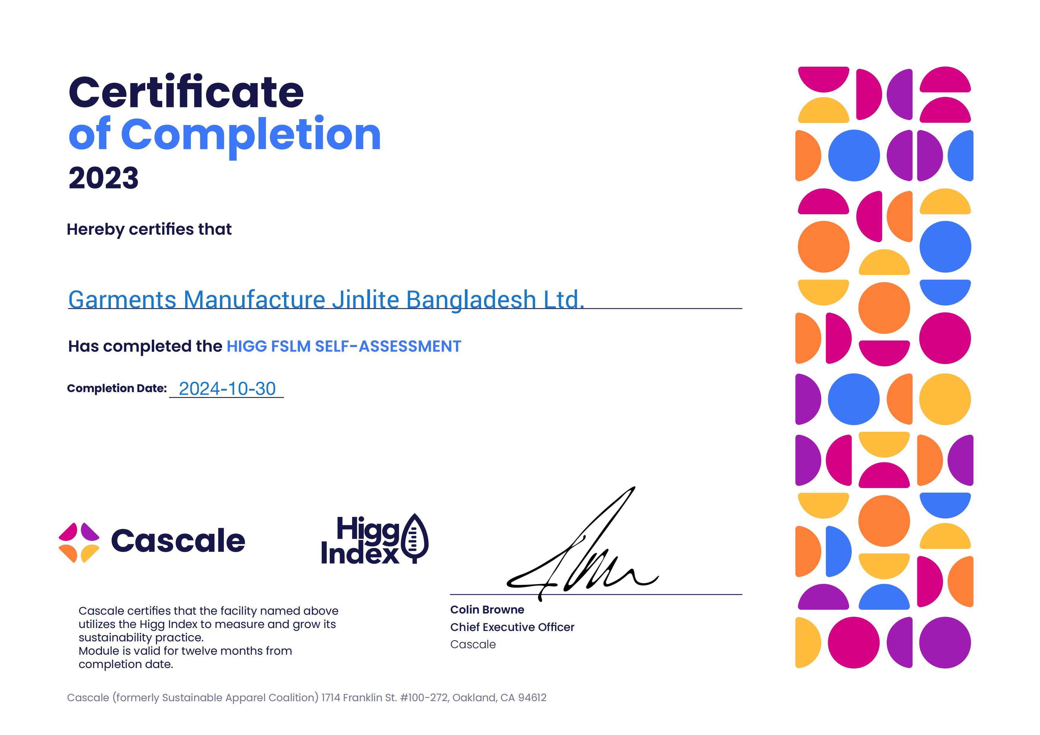 Certificate of Higg FSLM Certificate of Higg FSLM
