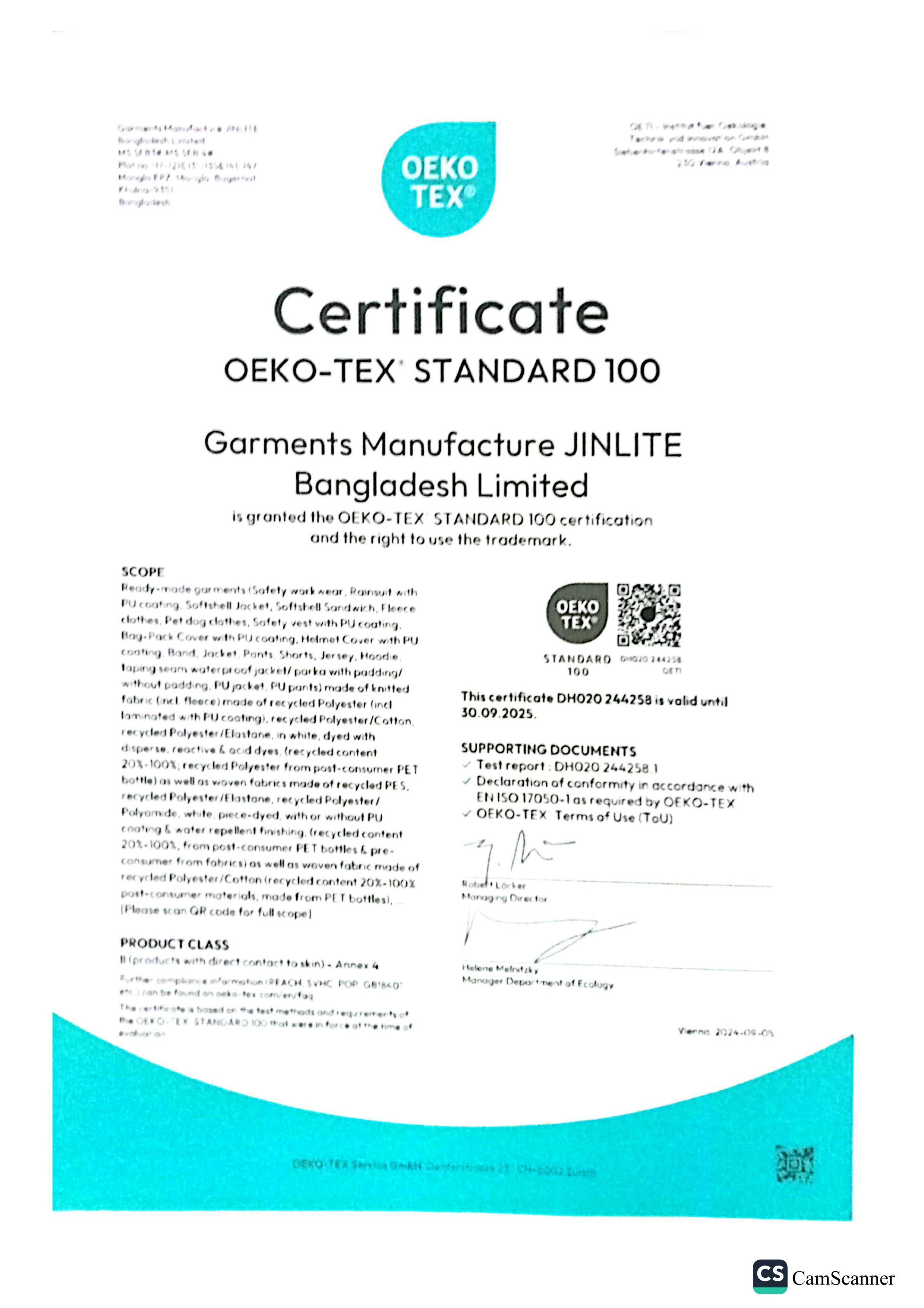 Oekotex - 100 Standard Re-cycle Certificate Oekotex - 100 Standard Re-cycle Certificate