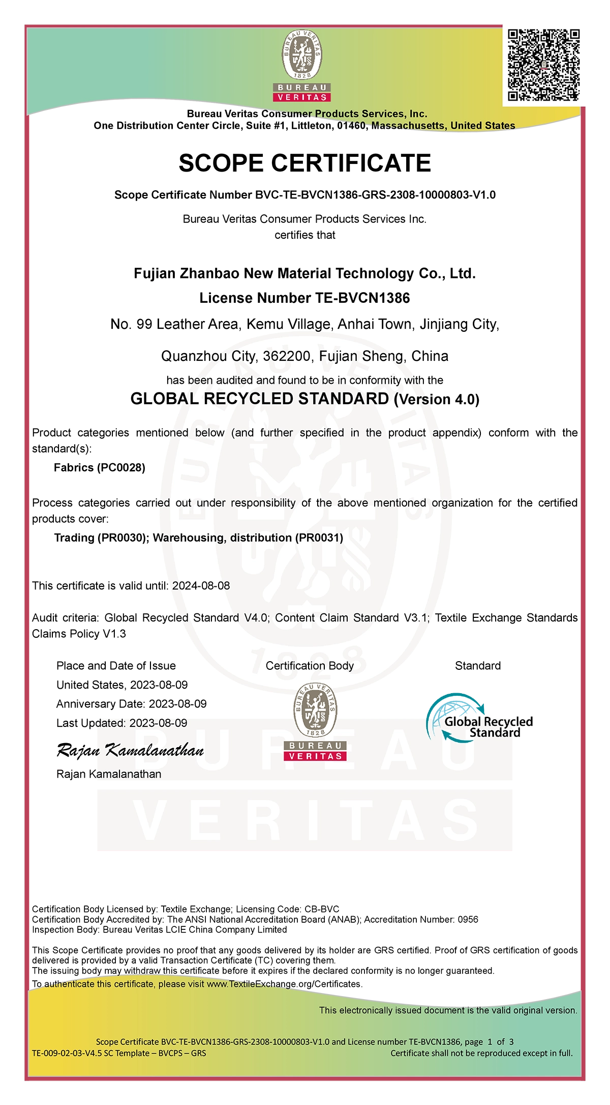 Scope Certificate_GRS4.0_Fujian Zhanbao New Material TechnologyCo.Ltd._09-08-2023_BVCPS-0 Scope Certificate_GRS4.0_Fujian Zhanbao New Material TechnologyCo.Ltd._09-08-2023_BVCPS-0