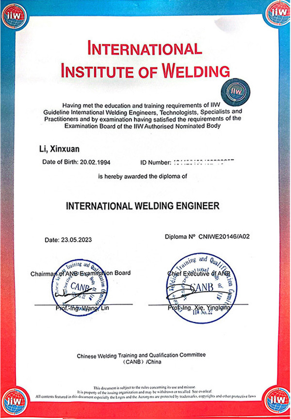 International Welding Engineer IWE Certificate