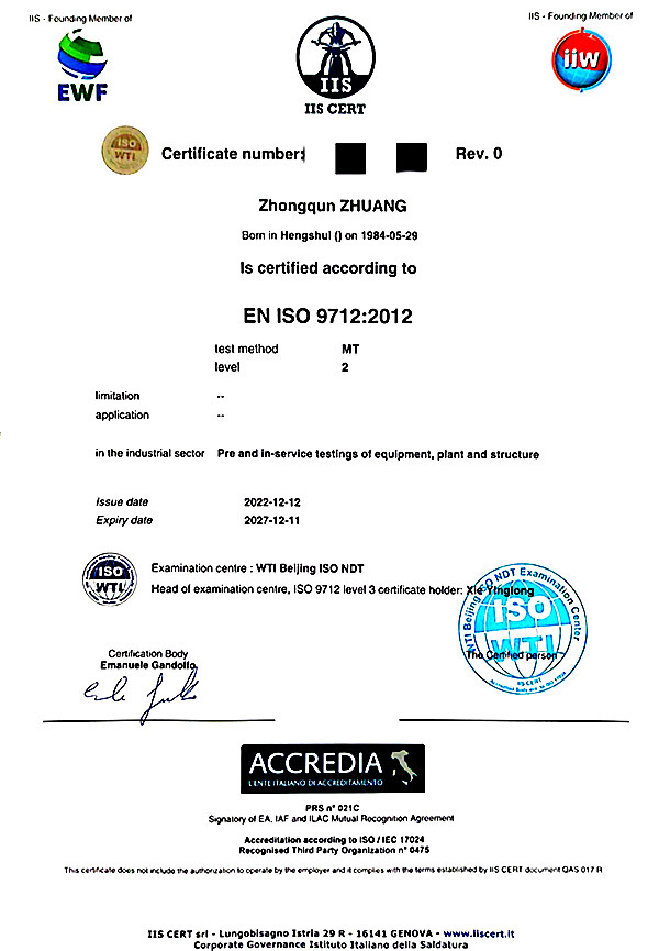 ISO9712-MT2 Non destructive testing qualification certificate